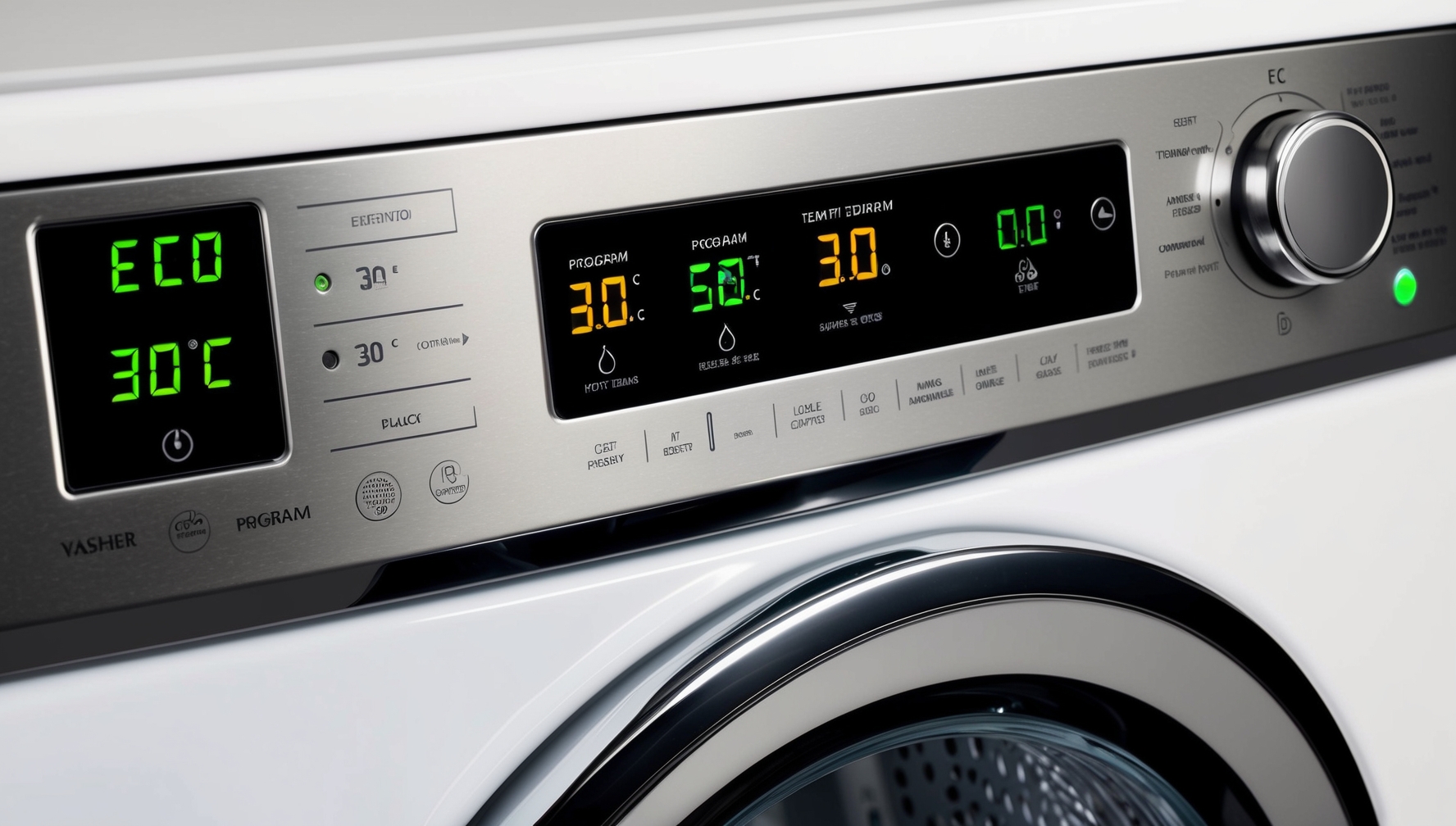 Mosó szárítógép vezérlőpanel öko program beállításokkal 30°C hőmérséklettel és energiatakarékos ikonokkal